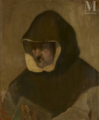 a painting of a man with a hood on holding a book