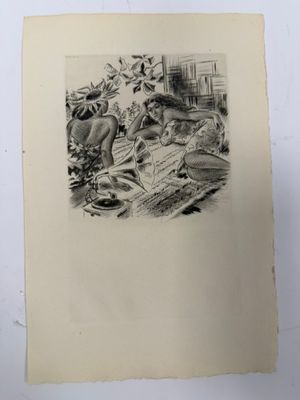 un vieux dessin en noir et blanc représentant un homme et une femme assis à une table