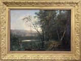 tableau représentant un paysage avec une rivière et des arbres, dans un cadre doré