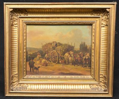 tableau représentant une calèche tirée par des chevaux, avec un homme assis à l'arrière