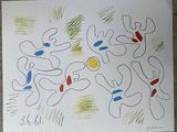 drawing of a group of people in a circle on a white paper