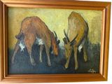 painting of two cows grazing in a field with a yellow background