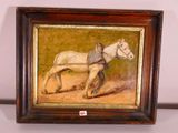 tableau représentant un cheval blanc tirant une charrue sur laquelle est assis un homme