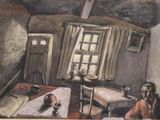 a painting of a woman sitting at a table in a room