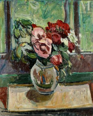 une peinture de fleurs dans un vase sur une table
