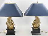 pair of brass peacock lamps with blue shades