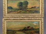 two paintings of a landscape with a house and a field