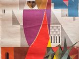 une affiche représentant une femme tenant un vase de fleurs