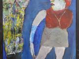 painting of a woman and a man standing in front of a blue background