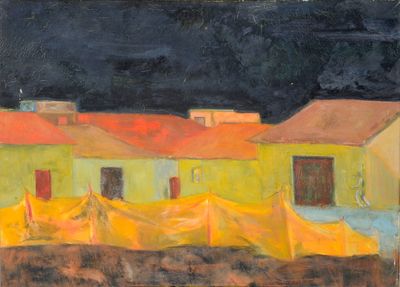 une peinture à l'huile représentant une maison jaune avec une bâche jaune sur le toit