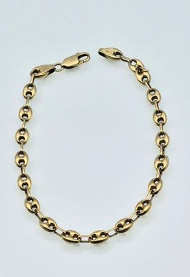 a gold chain bracelet with a clasp on a white background