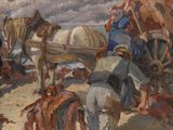 a painting of a group of horses pulling a wagon