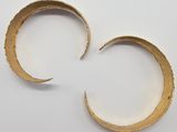 two pieces of gold are shown on a white surface