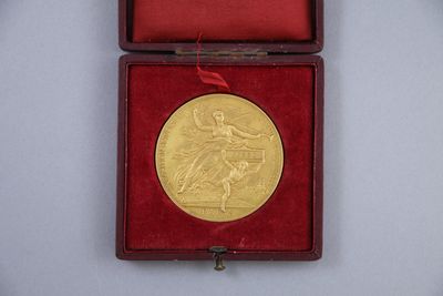 a gold medal in a red box on a white surface