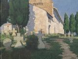 a painting of a church in the middle of a cemetery