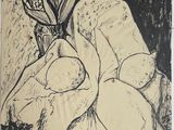 dessin représentant un vase de fleurs posé sur un rocher, avec un rocher au premier plan