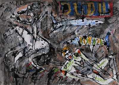 painting of a man riding a horse with a woman on it