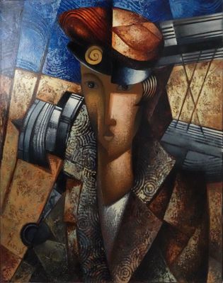 tableau représentant un homme coiffé d'un chapeau et tenant un pistolet à la main
