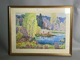 painting of a landscape with a river and trees in a gold frame