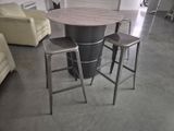 three stools and a table in the middle of a room