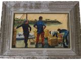 tableau représentant un groupe d'hommes travaillant sur un bateau à l'eau