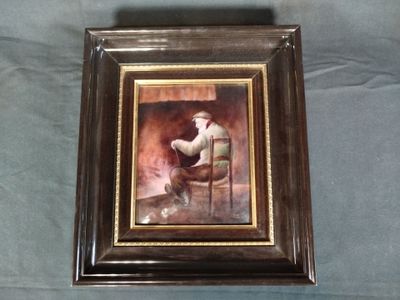 tableau représentant un homme assis sur une chaise, tenant une canne