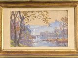 an image of a painting of a river with a bridge in the background