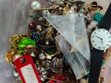 a plastic container filled with assorted jewelry and a watch