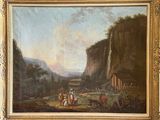 an image of a painting of a mountain scene with people and animals