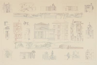dessin représentant une ville avec des bâtiments et une tour horloge