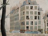 a painting of a building on the side of the street