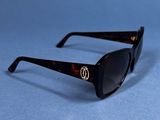 black sunglasses with a gold logo on the temples