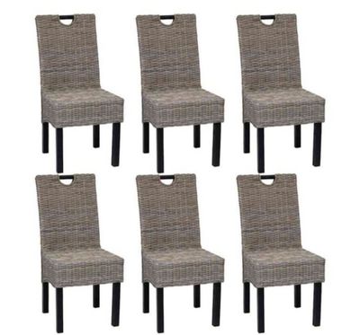set of six grey wicker dining chairs with black legs