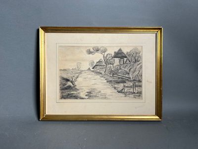 an old drawing of a boat on the water with a house in the background