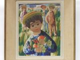 tableau représentant un jeune garçon coiffé d'un chapeau de paille et tenant un bouquet de fleurs
