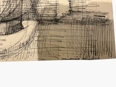 drawing of a boat in a body of water with a bridge in the background