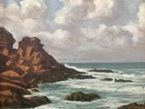 an oil painting of a rocky coast with a body of water in the foreground