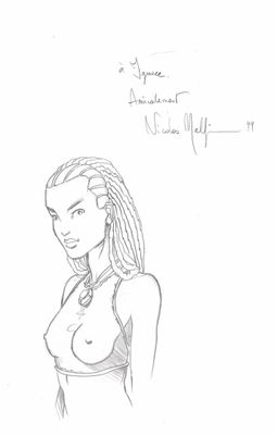 un dessin représentant une femme aux cheveux longs portant un haut type brassière