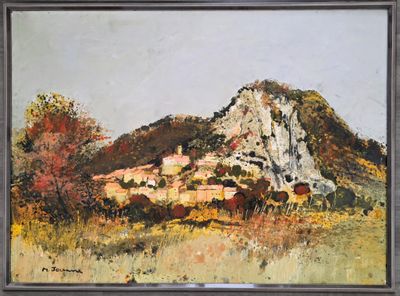 une peinture à l'huile représentant une montagne avec une maison au premier plan