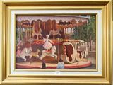 un tableau représentant un manège avec des chevaux et des personnes dessus