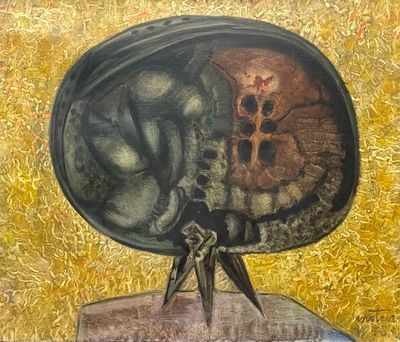 une peinture représentant un crâne et un crâne humain posé sur un rocher