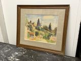 tableau représentant un paysage avec des bâtiments et des arbres, dans un cadre en bois