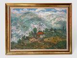 une peinture à l'huile représentant un paysage de montagne avec une maison au premier plan