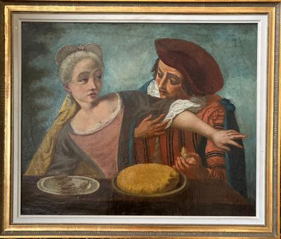 tableau représentant une femme et un homme assis à une table, avec une assiette de nourriture devant eux