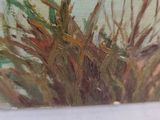 a painting of a bird sitting on top of a plant