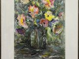 painting of flowers in a vase on a table in front of a wall
