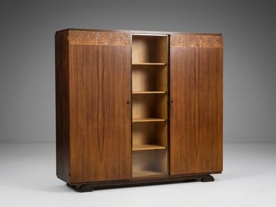 a wooden cabinet with shelves and shelves on top of it