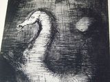 a black and white drawing of a swan in the water