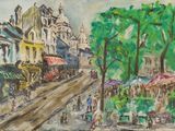 painting of a street scene with people walking down the street