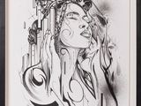 a black and white drawing of a woman holding a guitar